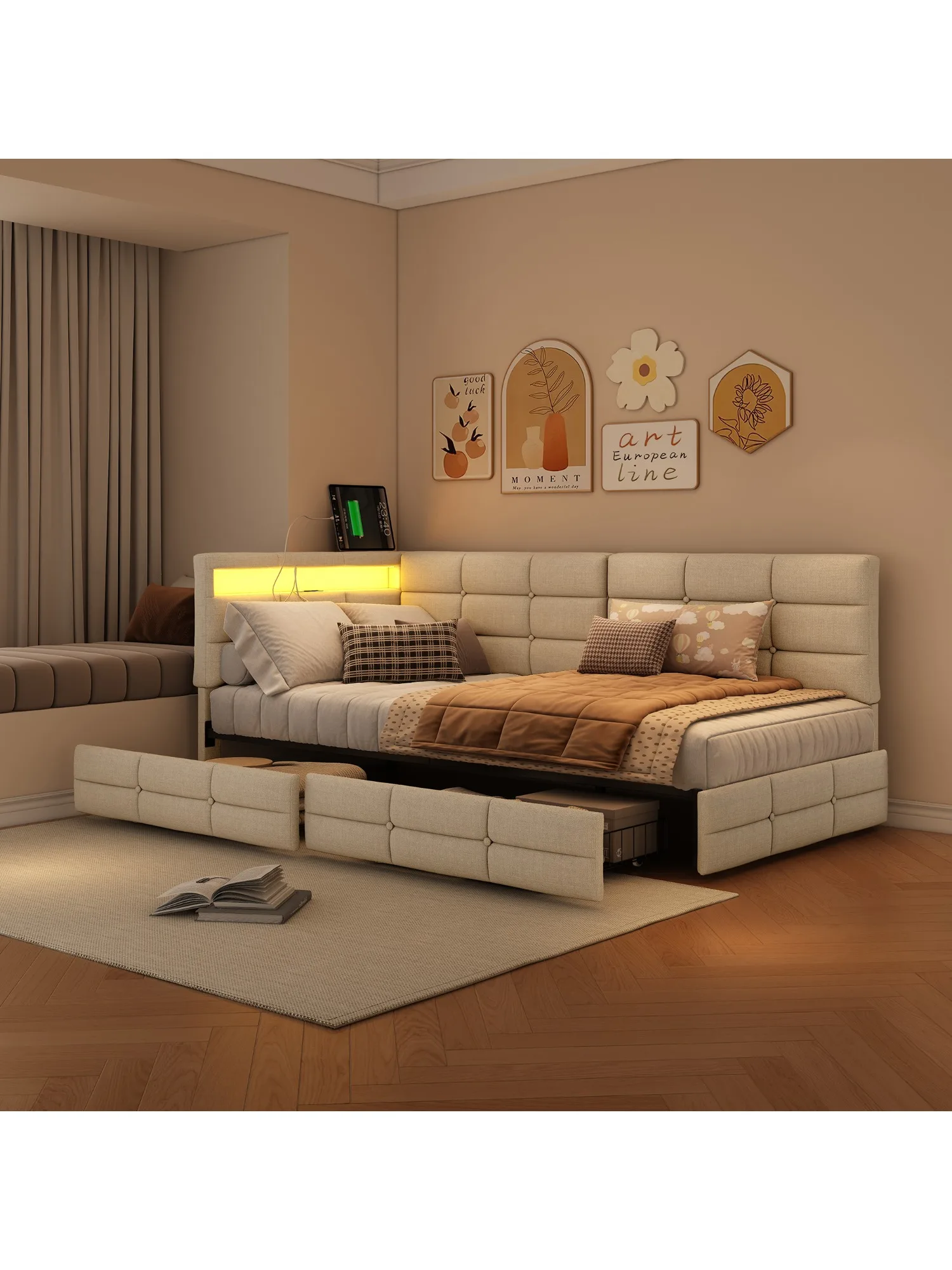 Fangange gestoffeerde slaapbank 90x200cm met 2 laden, eenpersoonsbed, jeugdbed met LED en USB-oplaadstation, zonder matras - afbeelding 2