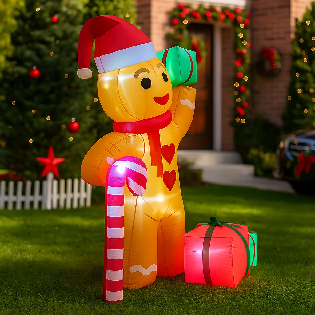 2,4 m/7,8 ft aufblasbare Lebkuchenmann Zuckerstange mit Geschenk LED-Leuchten Heimdekorationen Spielzeug Hof Weihnachten Urlaub Dekor liefert