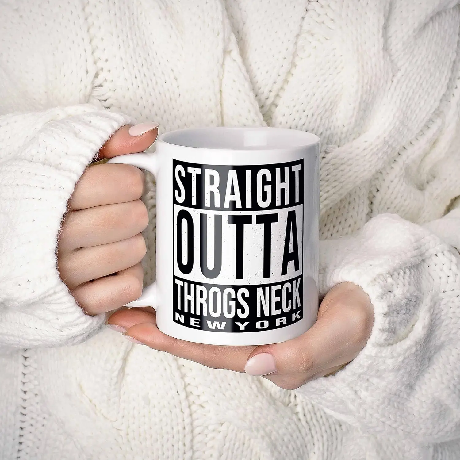 Straight Outta Throgs Neck New York Souvenir Coffee Mug. Funny, I Love City Gift For Men Women Birthday Mothers Day Fathers Day