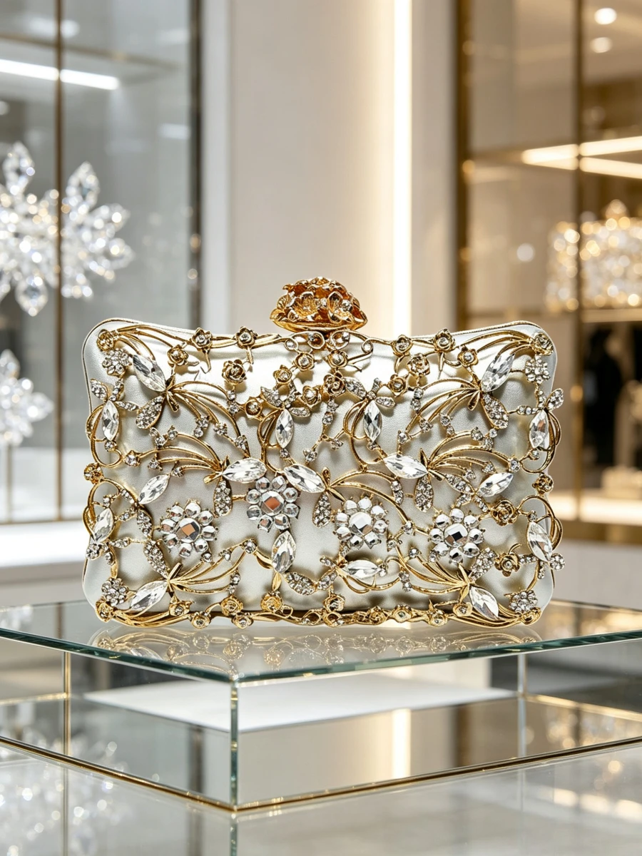Silver Satin Hollow Gold Frame Floral Rhinestone Clutch Crystal Beaded Evening Handbag Luxury Wedding Formal Purse Aged Women