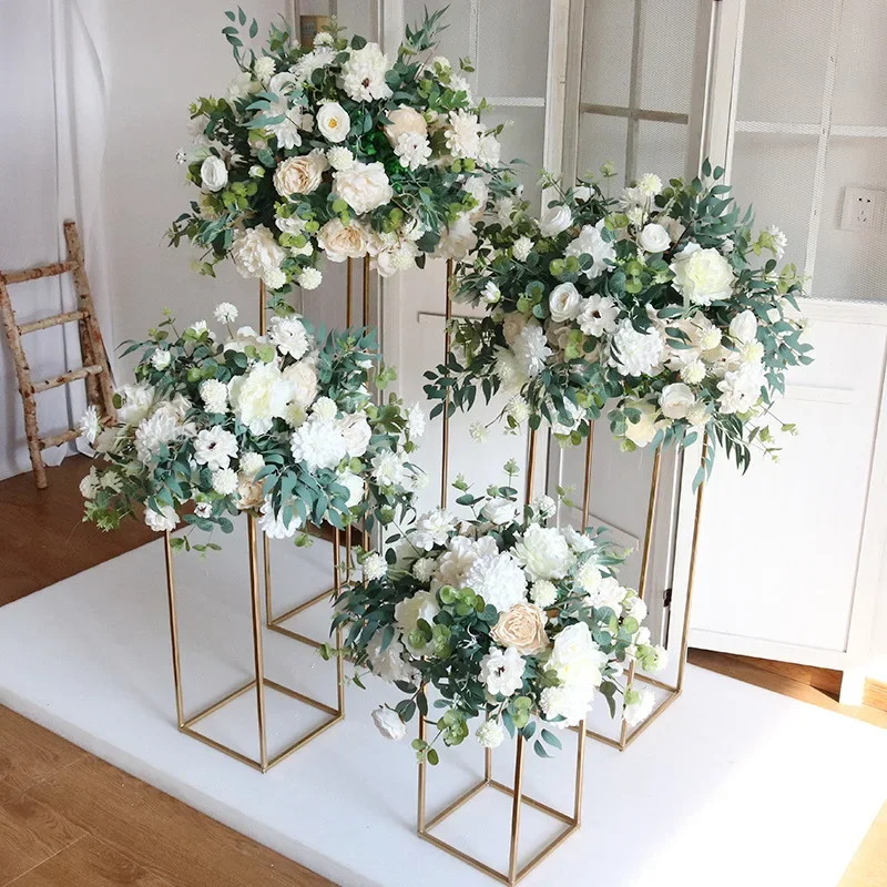 Customized Luxury Rose Greenery Artificial Flower Ball Wedding Table Centerpieces Flower Geometric Shelf Stand Party Stage Props