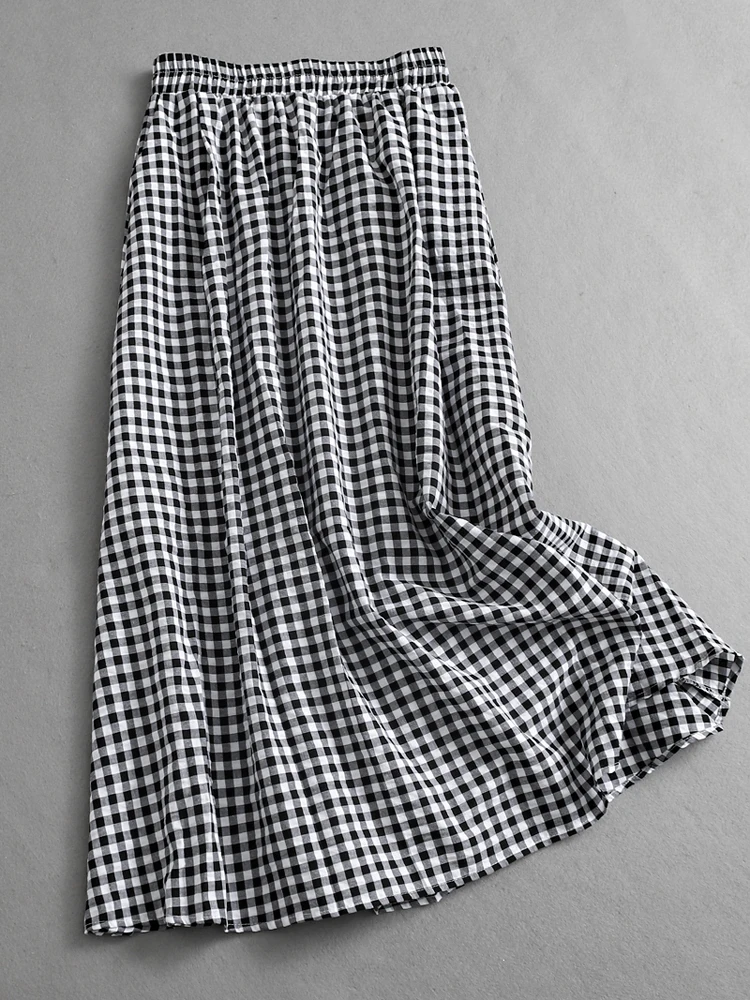 Spring 2025 A-Line Skirt Women's High Waist Midi Skirt Plaid Large Hem Elastic Waist Color Block Artistic Style Half-length S...