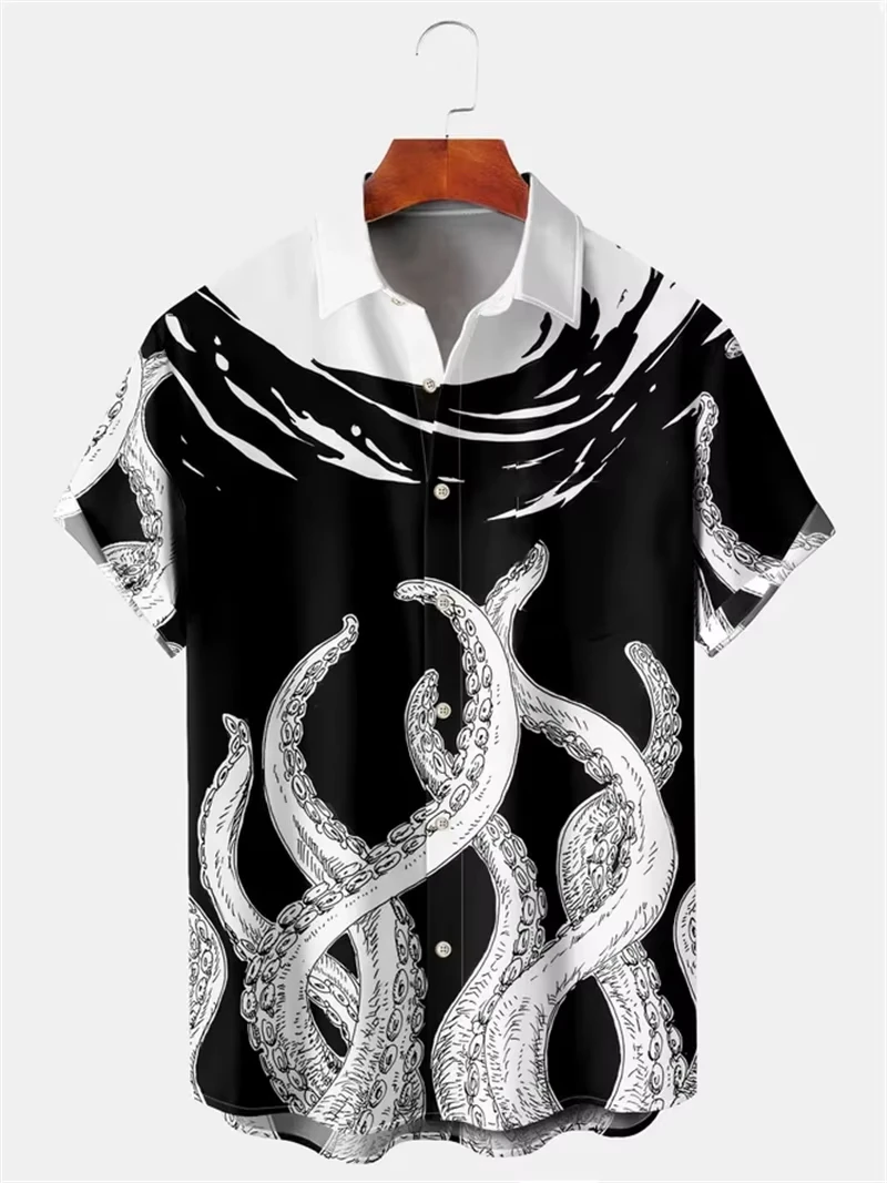 Unique Design Hawaiian Men'S Animal Shirt Creative Marine Life Tentacles 3d Print Short-Sleeve Tops Casual Beach Vacation Shirt