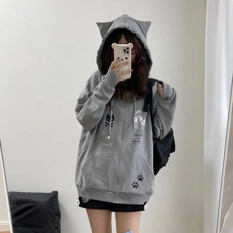 Japanese Cute Cat Hoodies Cardigan Women Y2K Harajuku Loose Long Sleeve Zipper Sweatshirt Autumn Spring Casual Jackets Outerwear