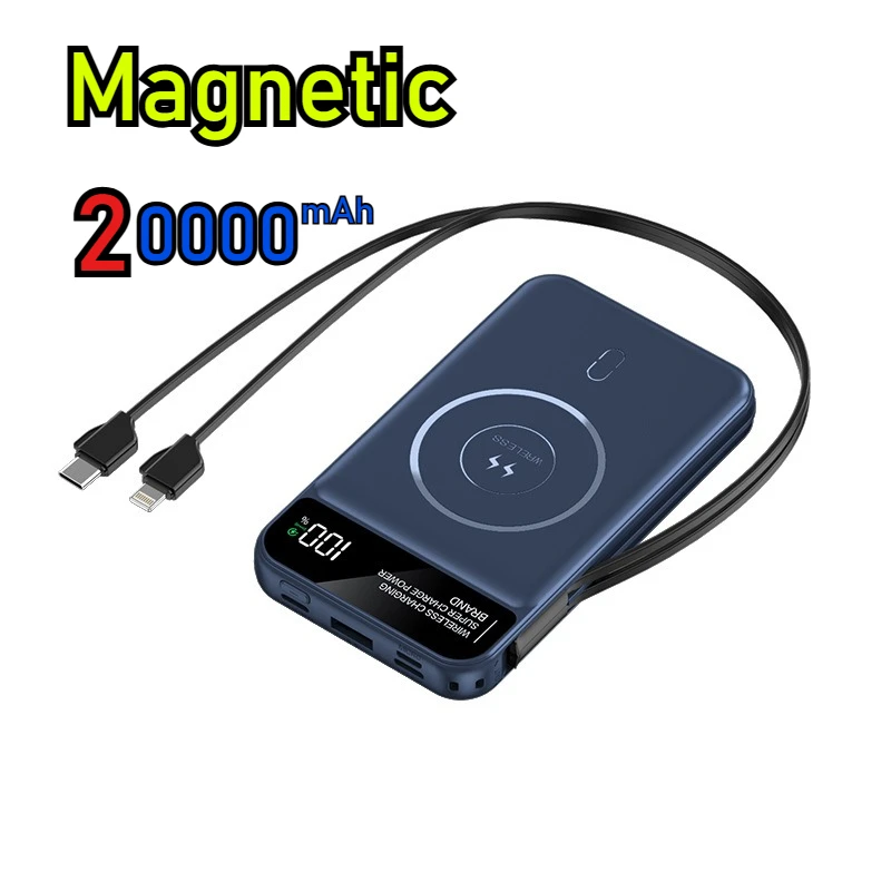22.5W Wireless Charging Power Banks 20000mAh High Capacity External Battery Built-in Cable for IPhone Samsung Xiaomi