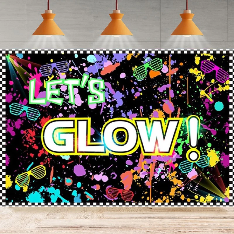 Photography Background Neon Let's Glow Stripes Colorful Graffiti Splash Paint Birthday Black Light Sleepover Party Backdrop Wall