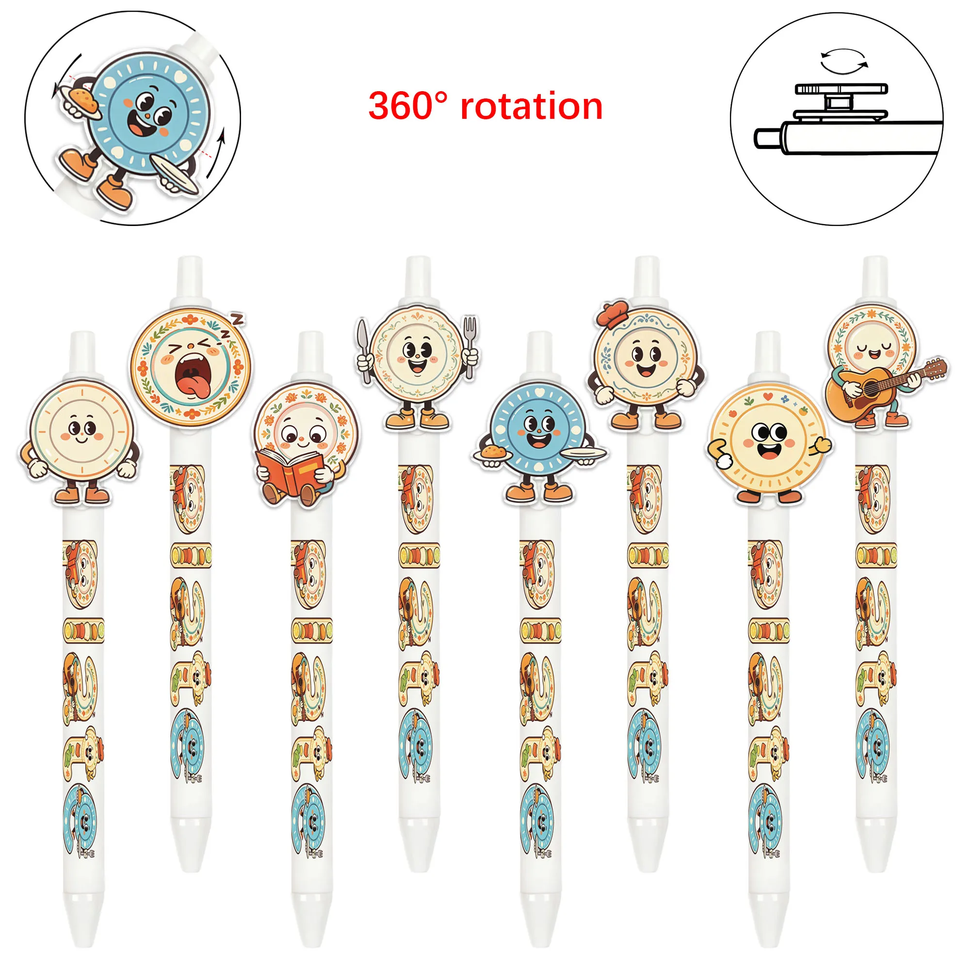 

9 pieces of creative ballpoint pens. Rotating plate-shaped signature pens. Random pattern gift pens.