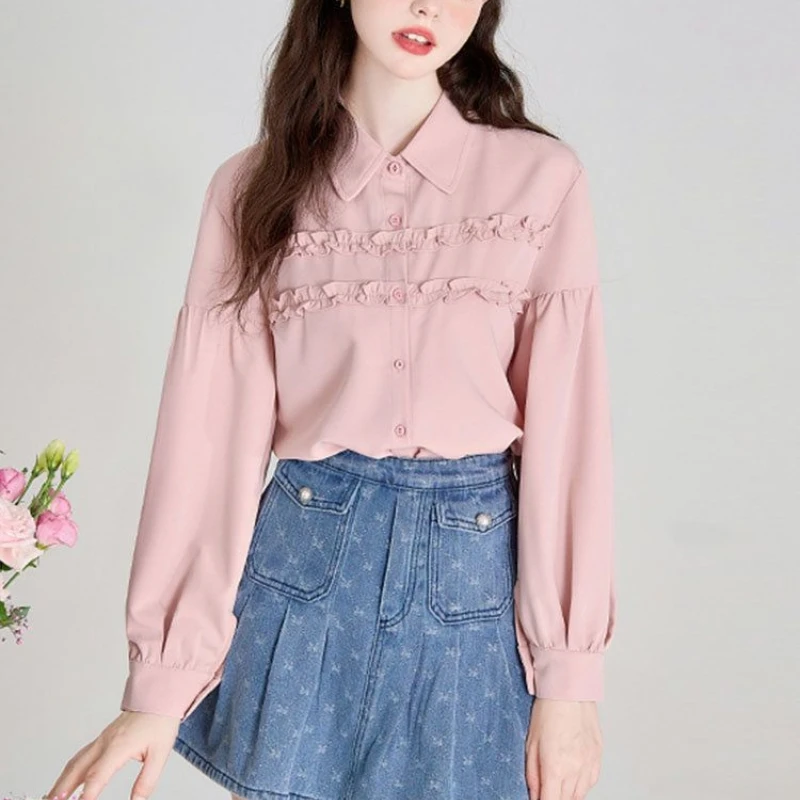 2024 Spring and Autumn French Sweet and Fresh Long Sleeve Versatile Blouses Collar Solid Color Spliced Button Women\'s Shirt Top