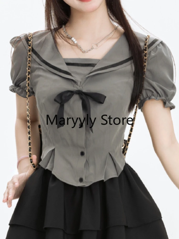 2023 Summer Women Short Sleeve Bow Blouse + Black Mini Skirts Fashion Bodycon Outfits Chic Japanese Casual Y2k Party Suits Style