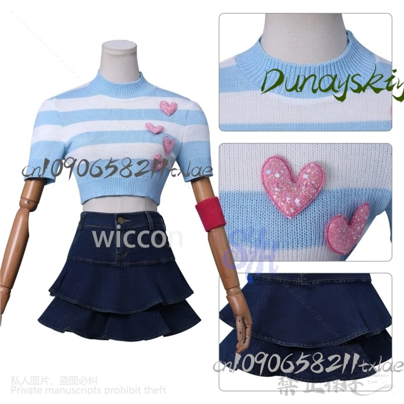 Anime Win Clubb Cosplay Bloom Costume Jirai Kei Girls Retro Striped Knitted Heart Lovely Short Sleeve T-Shirt Mini Dress Cos