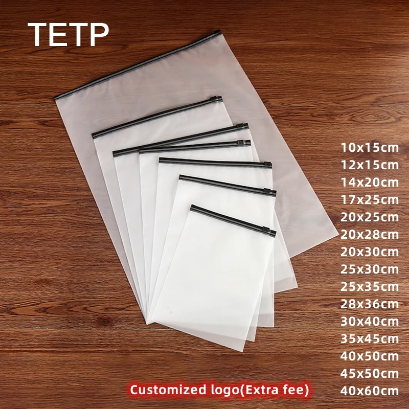 TETP 50Pcs Frosted Zipper Bags With Black Zip Travel Home Clothing Hoodie Jeans Dress Packaging Storage Custom Logo(Extra Fee)