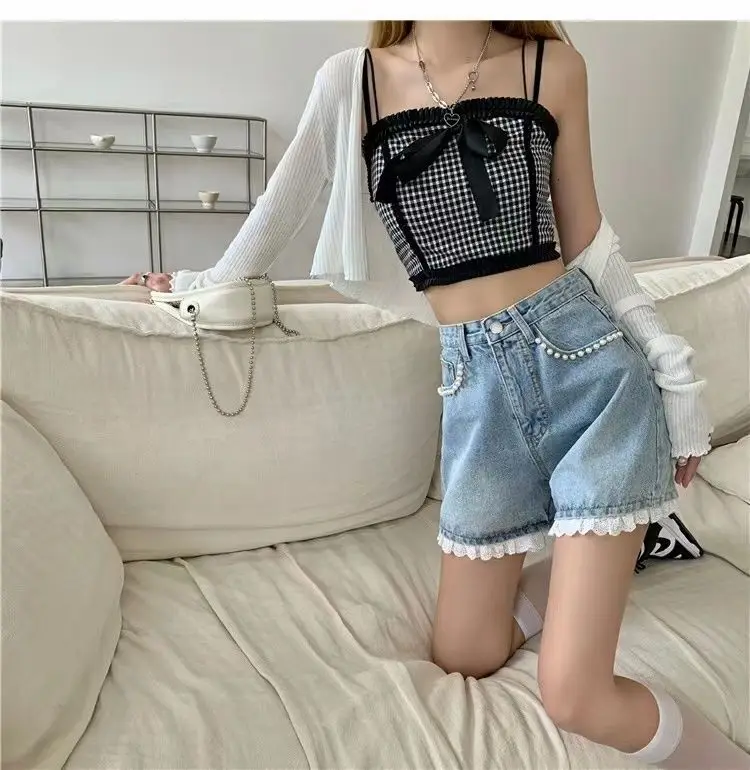 Women Summer Lace Beaded High Waist Denim Shorts Fashionable High Waist Slim And Wide Legs A-Line Hot Pants Plus Sized