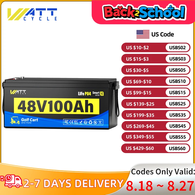 

Wattcycle 48V 100Ah Golf Cart Battery with Bluetooth Monitor 65% Lighter Than Lead-Acid 5120Wh Perfect for Most Golf Carts