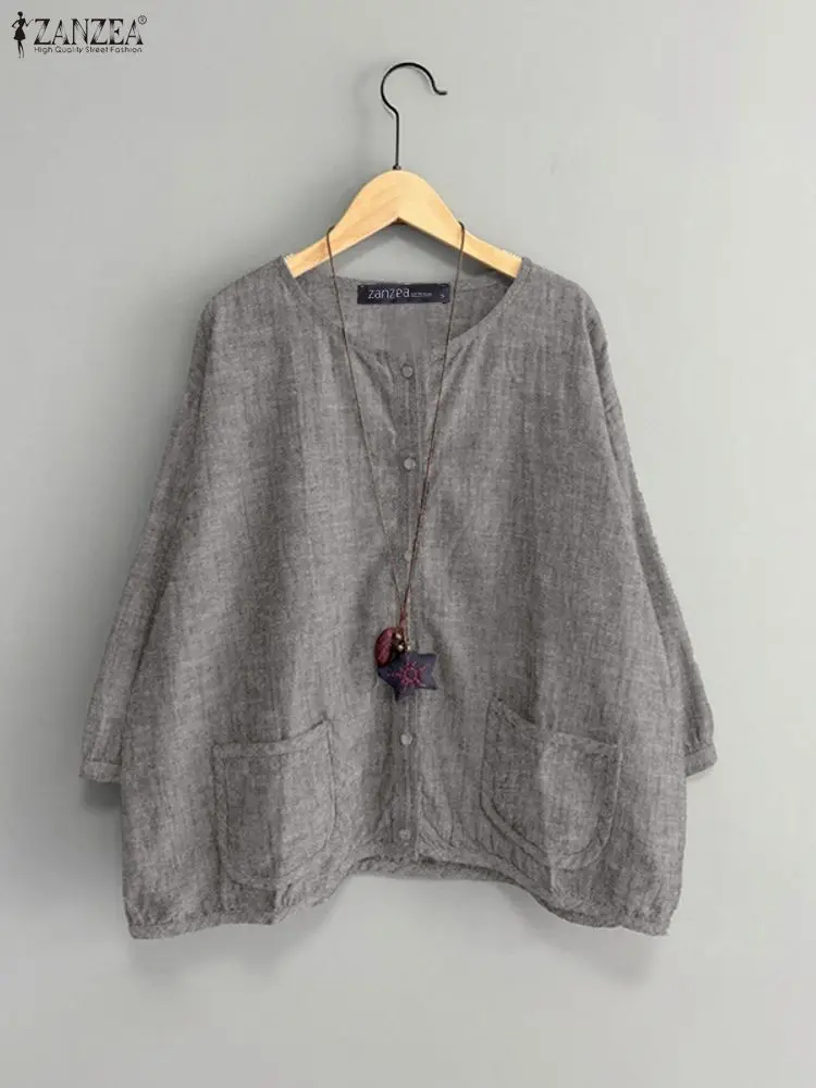 

ZANZEA, женские рубашки, винтажные повседневные однотонные блузки на пуговицах, мода 202, осень, свободные элегантные уличные блузки с рукавами 3/4, карманами