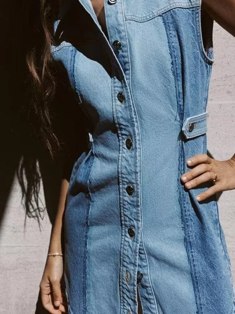 

Women Summer Mini Denim Dress 2024 New Casual Patchwork Turn-down Collar Female Elegant Street Shirts Dresses Clothing