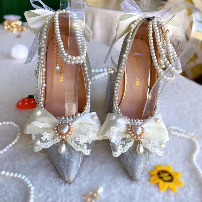 Sweet Handmade Lolita Mary Jane Shoes Women Summer Sandals Lace Bow Pearl Pearl Princess Thin High Heels Weddings Bridal Pumps