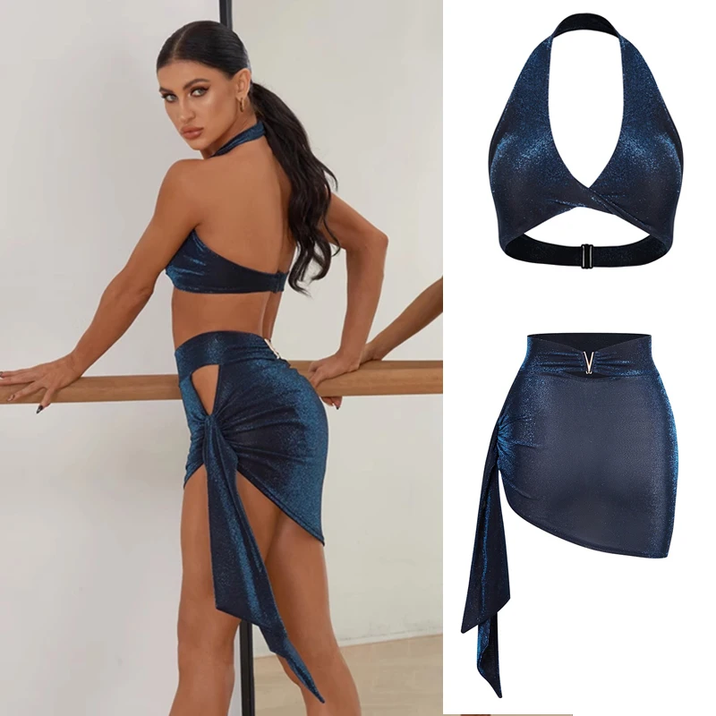 Shiny Sexy Latin Dance Costumes Blue Halter Latin Top High Waist Skirt Women\'S Chacha Latin Dance Performance Clothing SL10464