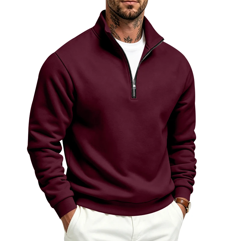 Herren-Sweatshirt mit Fleecefutter für Herbst und Winter, Stehkragen, halber Reißverschluss, langärmelig, einfarbig, warme Freizeitjacke – Detail 26