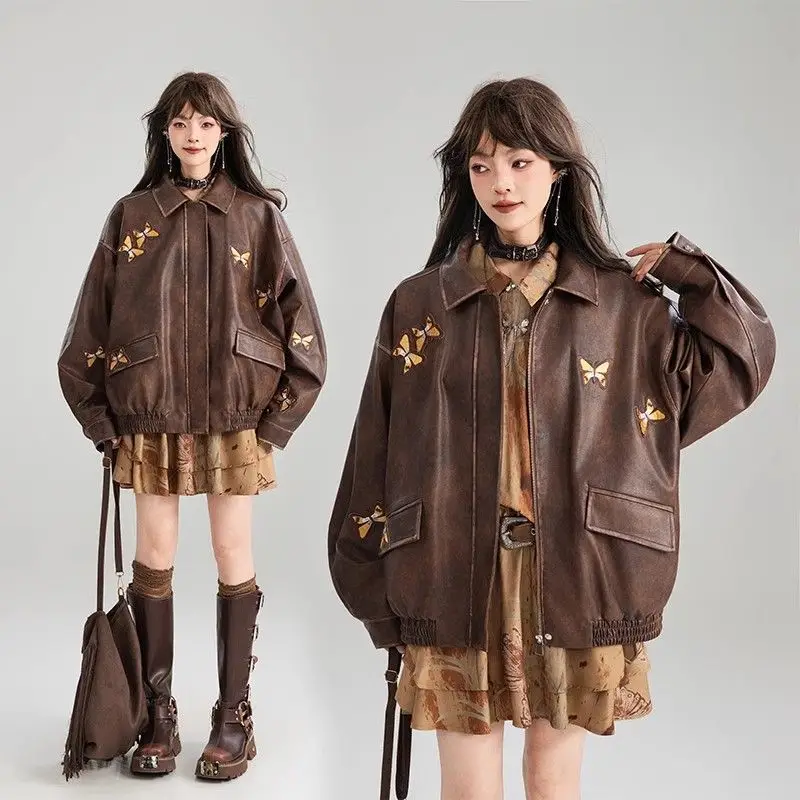 Butterfly Embroidery Brown Leather Jacket Women Maillard Fashion Retro PU Casual Y2k Tops Korean Leather Streetwear Coats