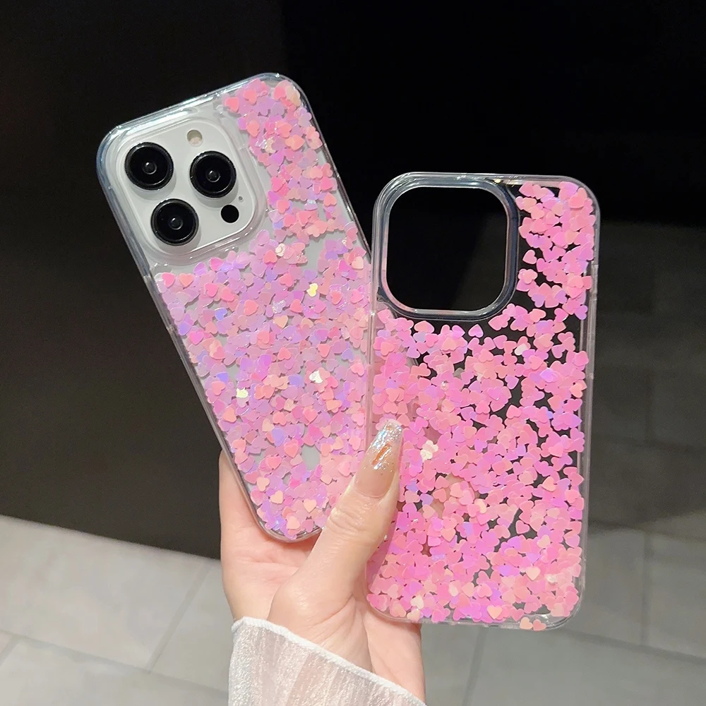 Pink Love Sequin Paillette Phone Case For iPhone 16 15 14 12 11 13 Pro Max Mini XR X XS 7 8 Plus Girls Cover