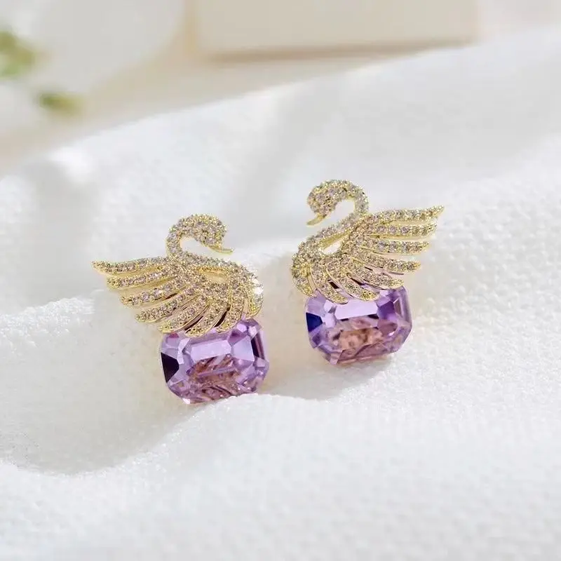 Brincos de cisne coreano bonito para mulheres, zircão roxo brilhante, brincos, moda, strass, jóias de casamento, presentes de festa