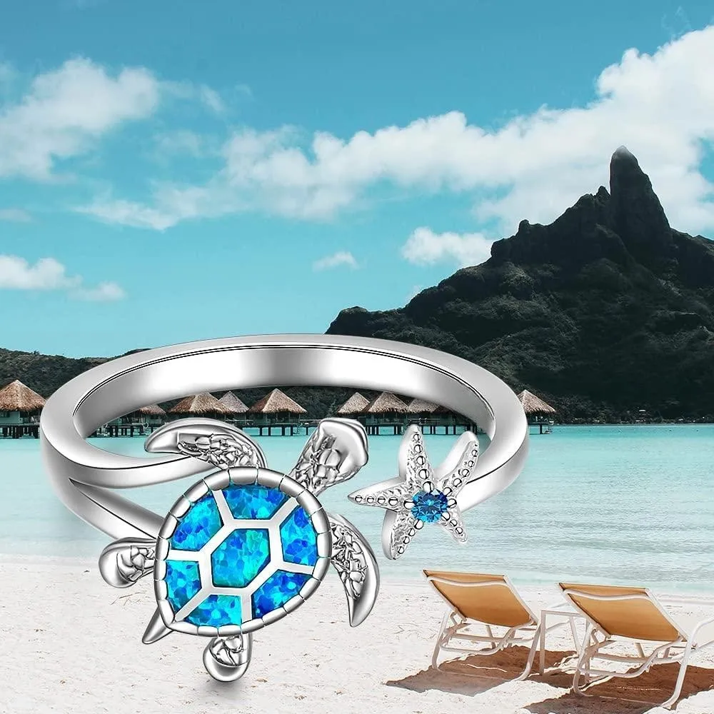 Chic White K-Plated Sea Turtle & Starfish Ring - Perfect Ocean-Inspired Gift for Girls