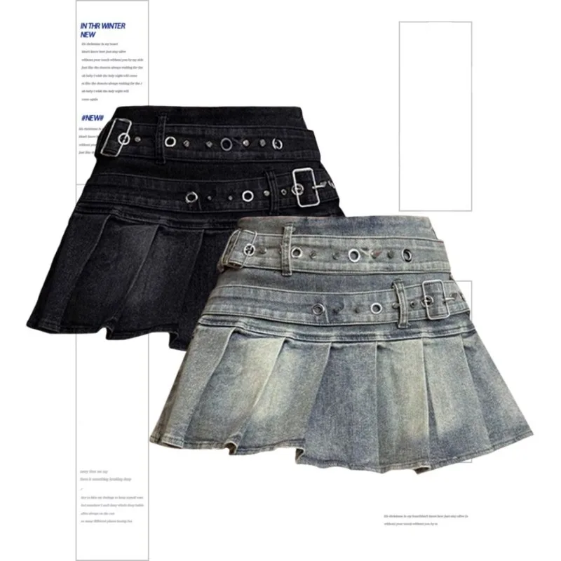 Women's Blue Black Riveted Belt Denim Skirt Y2K Harajuku High Street Fashion 90s Sexy A-line Mini Skirt Summer Clothing 2026 New