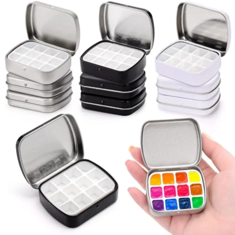 9 Pcs Mini Watercolor Tin Box, 12-Well Portable Paint Palette with Lid, Empty Metal Watercolor Storage Case, Paint Container fo