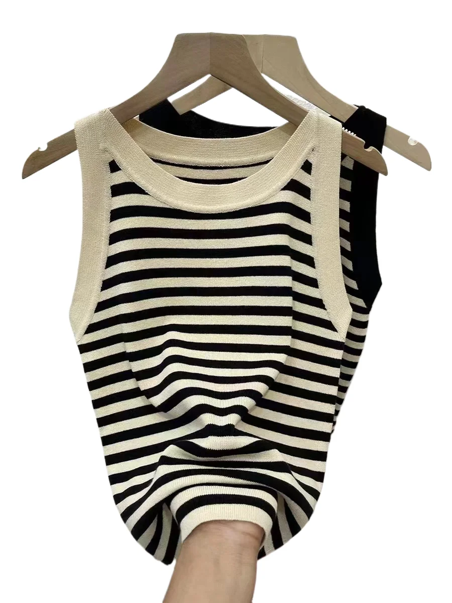 

Весенне-летний полосатый свитер, жилет для женщин, новинка 2025 года, базовый топ, классическая вязаная футболка без рукавов с круглым вырезом, майка