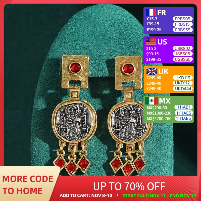 

Винтажные женские серьги с резьбой в виде монеты, античный красный камень, висячие серьги, ювелирные изделия, роскошные дизайнерские аксессуары золотого цвета, 2025