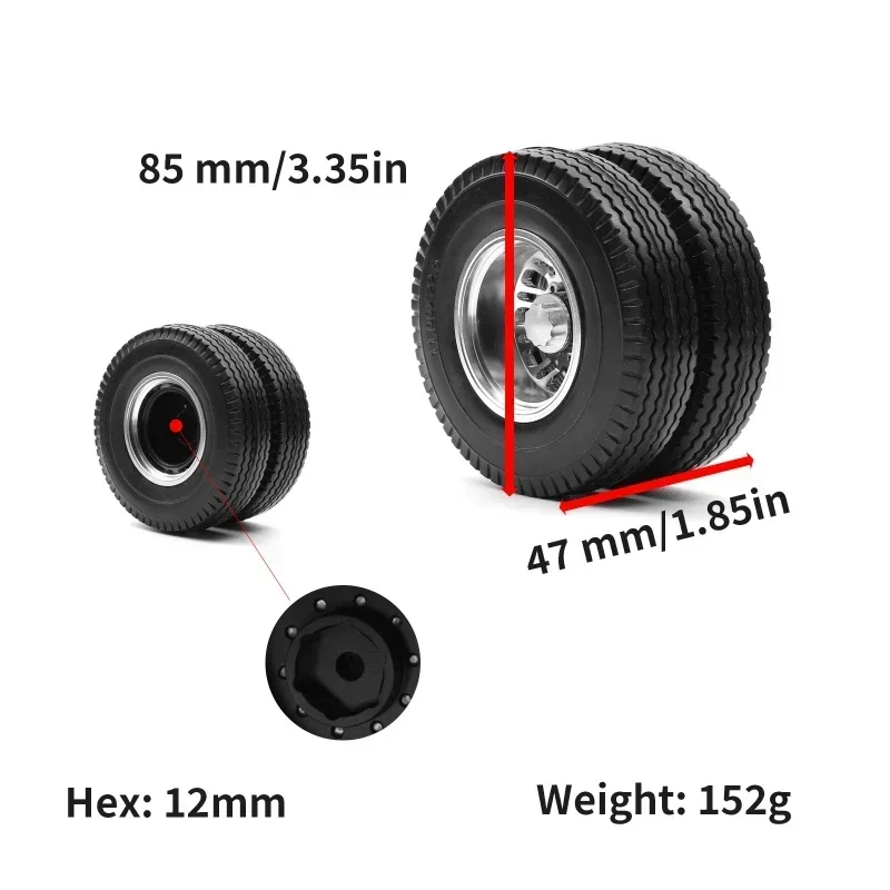 Jantes do cubo da roda traseira da liga de metal com pneus de borracha de 22mm/25mm de largura para peças de carro de caminhão trator de reboque 1/14 Tamiya RC