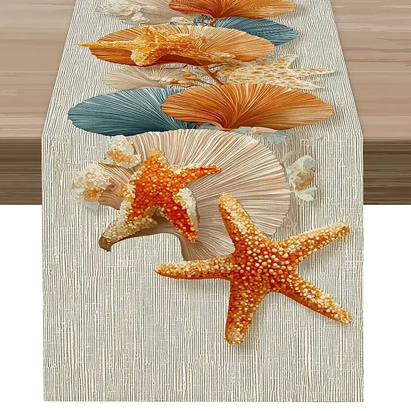 VIKAMA Ocean Theme Table Runner Seashell Starfish Coral Pattern Long Table Cloth For Summer Beach Holiday Dining Decor