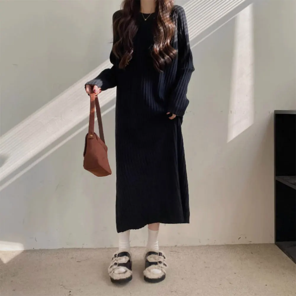 

Knitted mid length casual dress for women pure color moderate elasticity suitable for daily vacation holiday club events