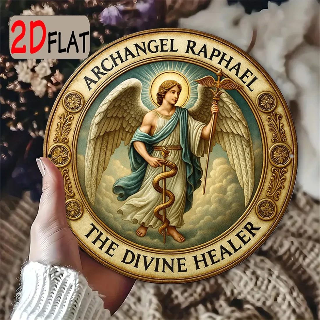 Flat Archangel Raphael Metal Wall Plaque 20cm Round Religious Gift Healing Angel Home Decor view 2