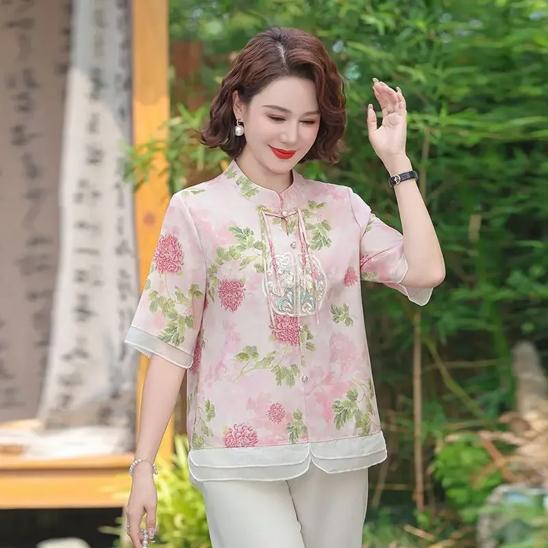 

Chinese Style Mother Summer Mid-sleeved T-shirt Women's Fashionable Floral Chiffon Shirt