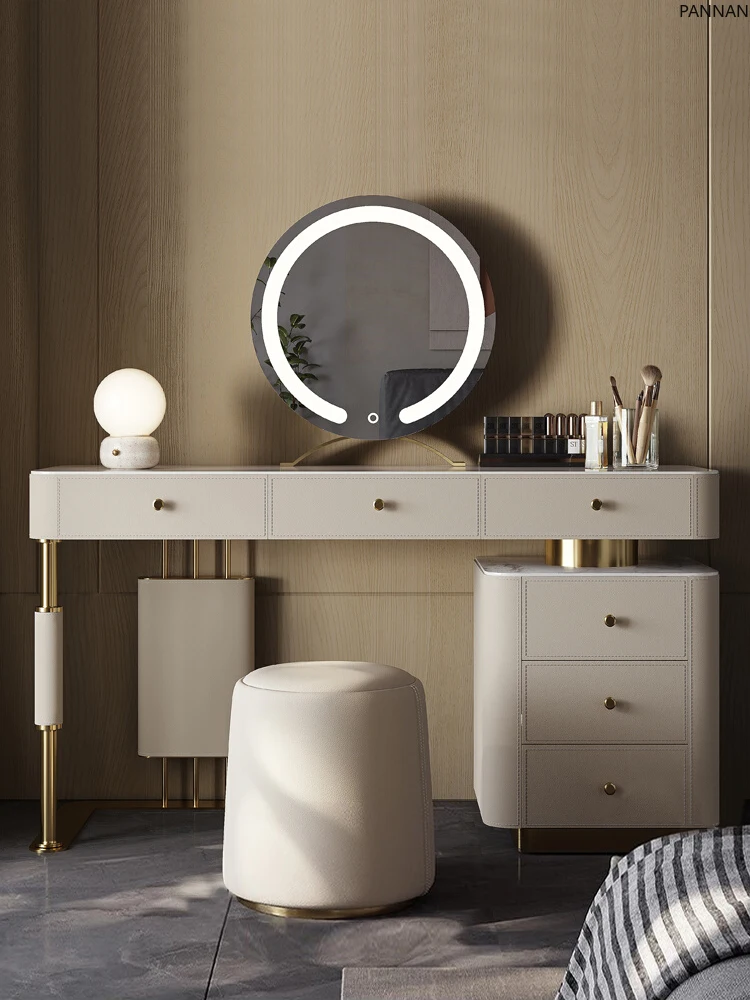 

Bedside table, dressing table, integrated saddle leather dressing table, modern bedroom light luxury high-end rock slab