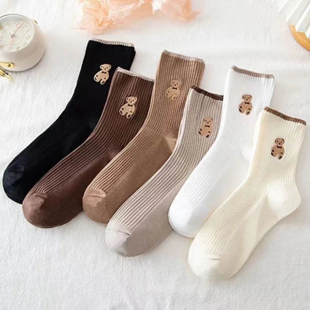 

10Pairs Ins Cartoon Tube Socks Women Stripe Harajuku Cute Bear Socks Breathable Hosiery Mid-Calf Socks Girl
