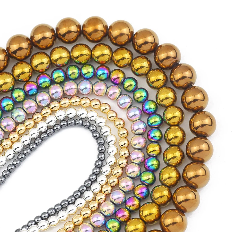 1 Strang runde Hämatit-Steinperlen, 2, 3, 4, 6, 8, 10 mm, schwarze goldfarbene, mehrfarbige Spacer-lose Perlen für die Schmuckherstellung, DIY-Armband