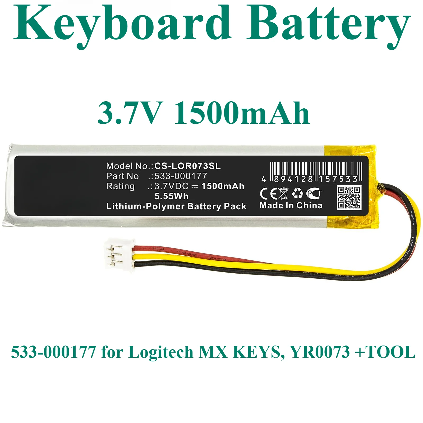 Keyboard Battery 533-000177 for Logitech MX KEYS, YR0073 +TOOL  3.7V 1500mAh