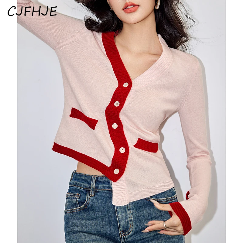 

CJFHJE Spring New Contrasting Color Design Women's Irregular V-neck Knitted Cardigan Fashion Slim Fit Women Long Sleeved Sweater