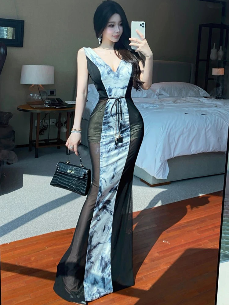 Women Print Mesh Patchwork Sheer Sexy Sling Long Dress 2025 Korean Vintage Luxury Evening Dress Summer Elegant Bodycon Vestidos