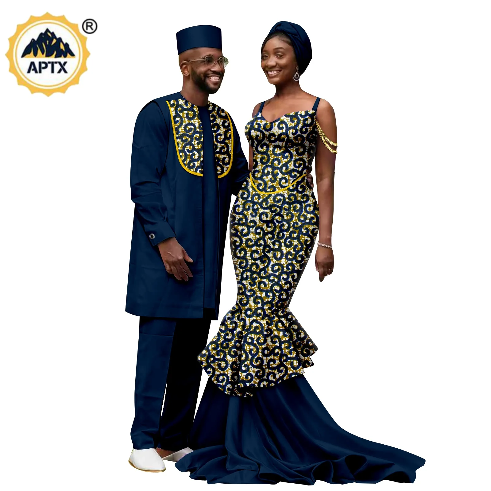 African Ruffles Beading Print Dresses with Headwrap for Women Matching Couple Outfits Dashiki Men Hat Top and Pant Sets 25C102