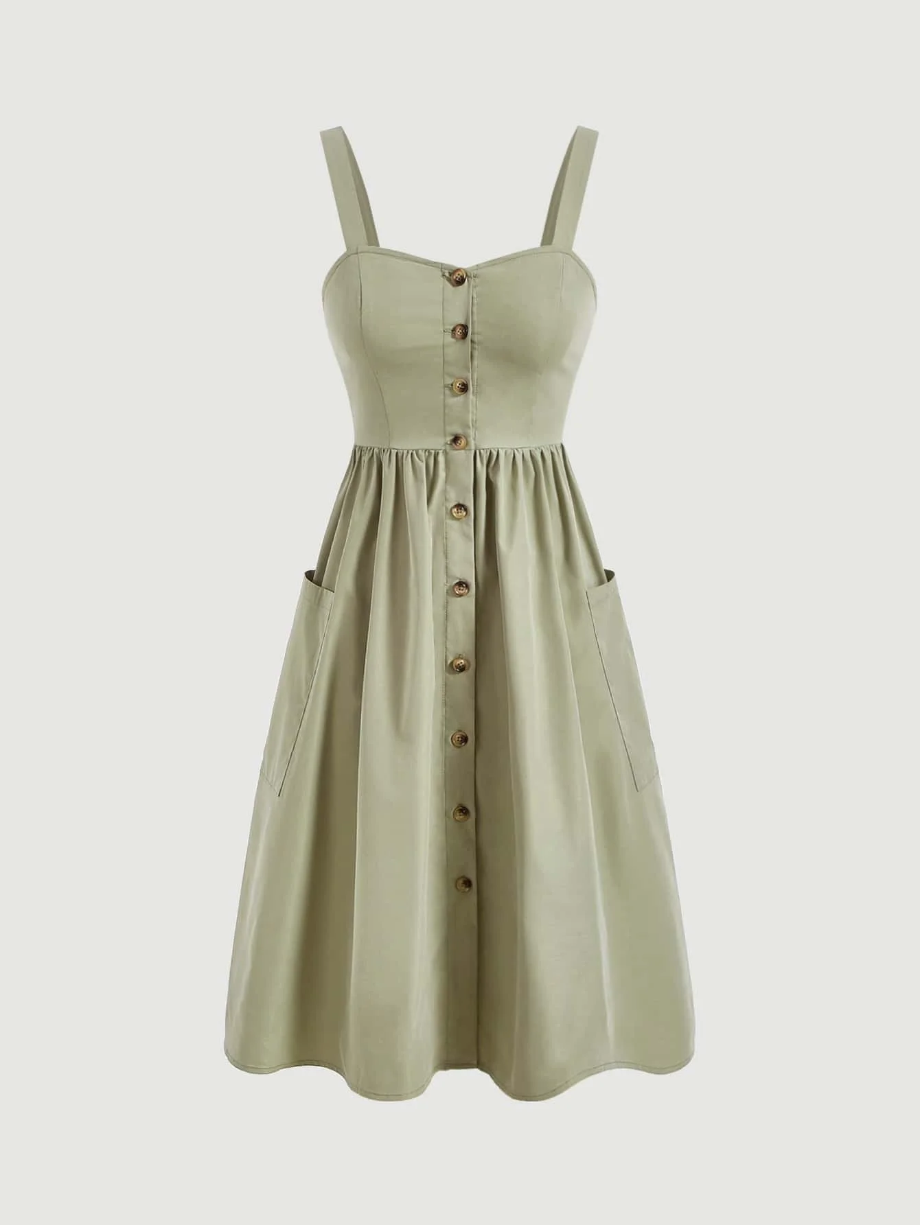 

Olive Green Button-Front Cami Dress with Side Pockets and A-Line Skirt
