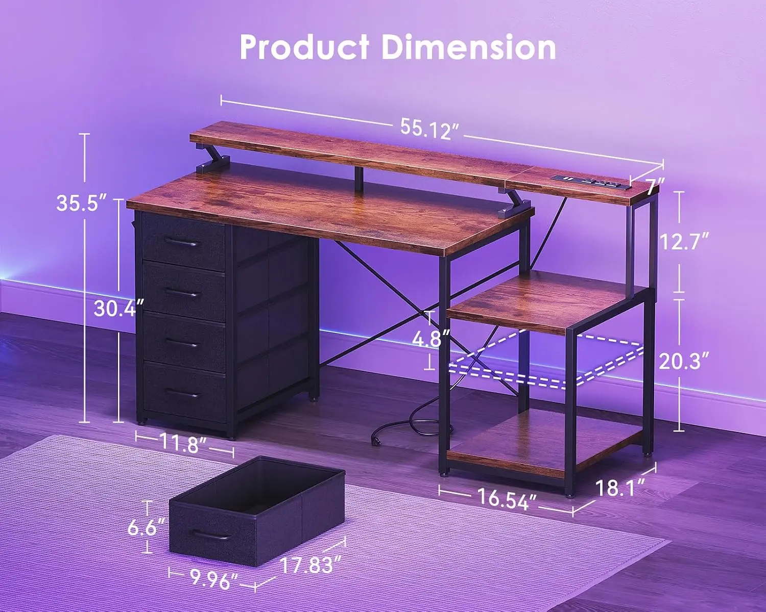 55 Inch Computer Desk 4 Drawers & Power Outlets, Printer Shelf Storage, Writing Table For Home Bedroom Gaming, Customized