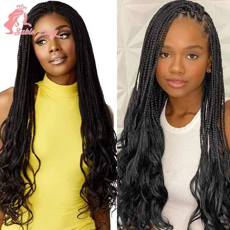 Perucas completas trançadas sintéticas do laço para mulheres negras, cabelo Knotless de Boho, pontas encaracoladas, trança dianteira, 18"