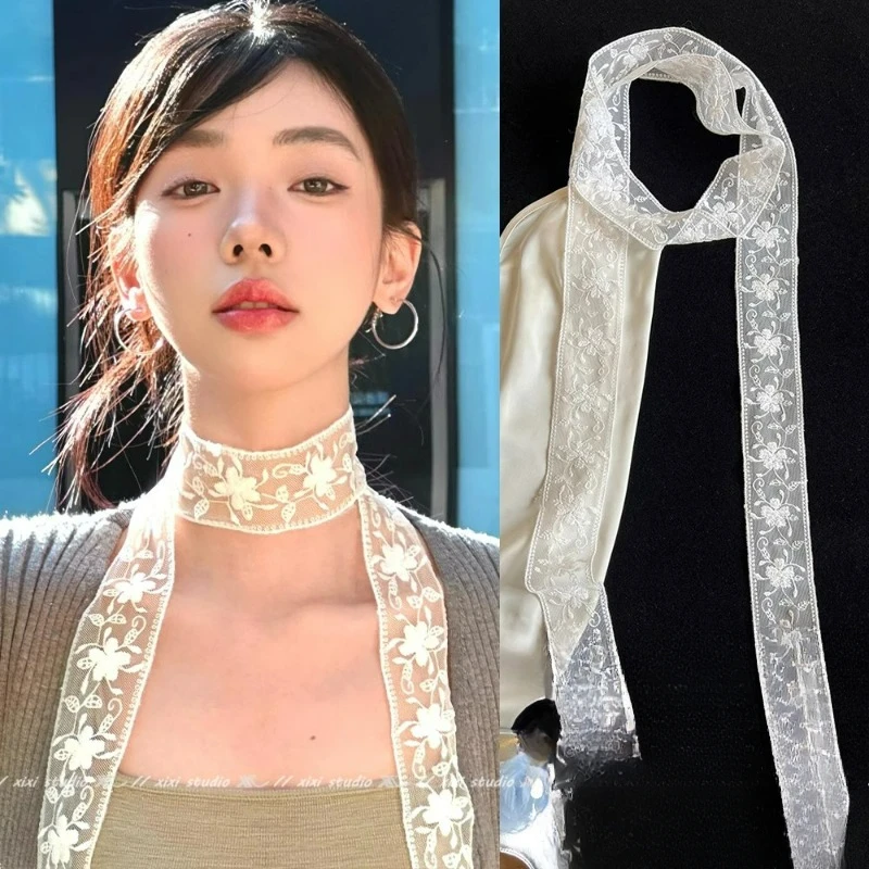 Korea Floral Embroidered Scarf Hair Ties Long Lace Ribbon Headbands Braids Sun Hat Lace Trim Bag Decoration Ribbon Headwear INS