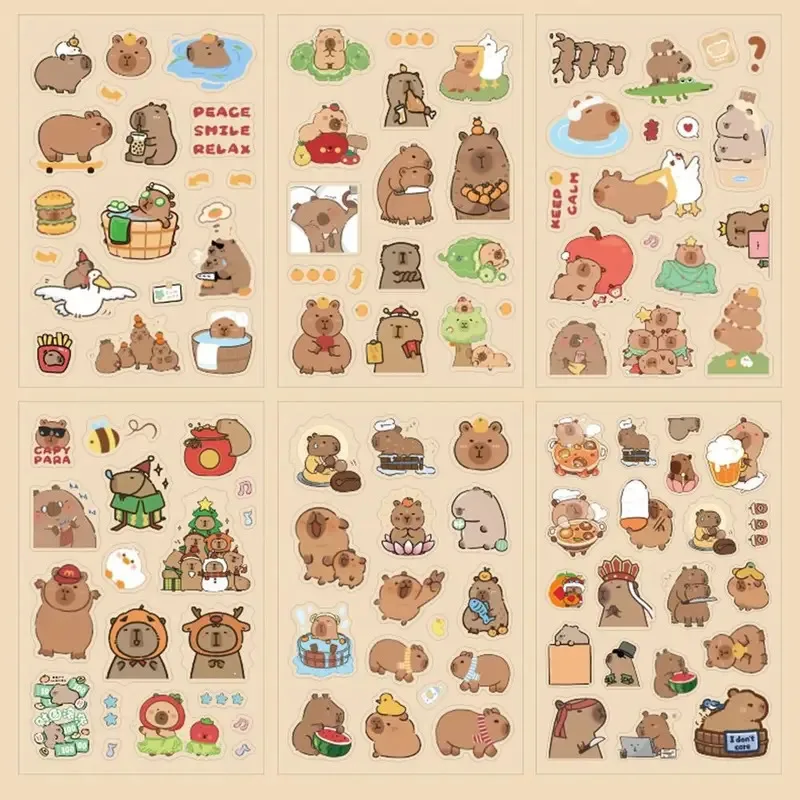 6개/팩 귀여운 만화 카피바라 스티커 방수 투명 스티커 귀여운 문구류 다이어리 장식 스티커