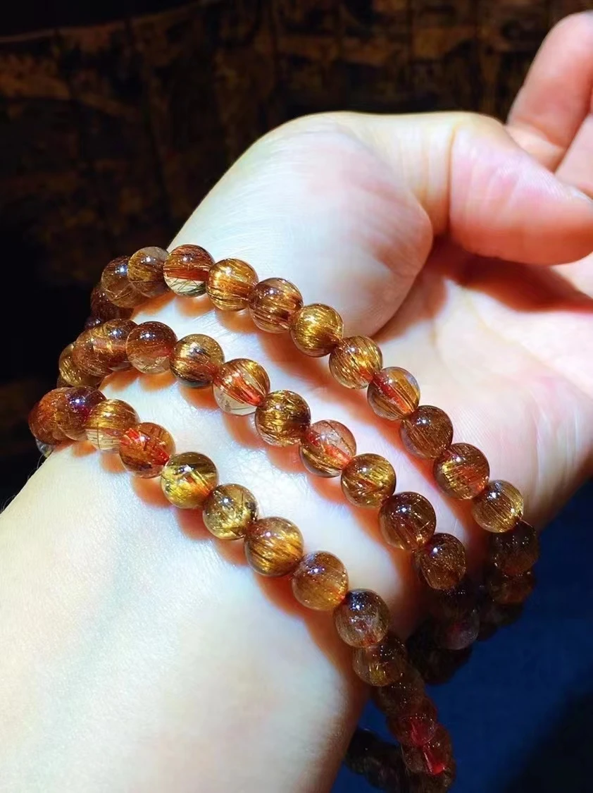 Natural Copper Rutilated Quartz Cat Eye 3 Laps Bracelet 6.6mm Round Beads Rutilated Women Man Bracelet AAAAA