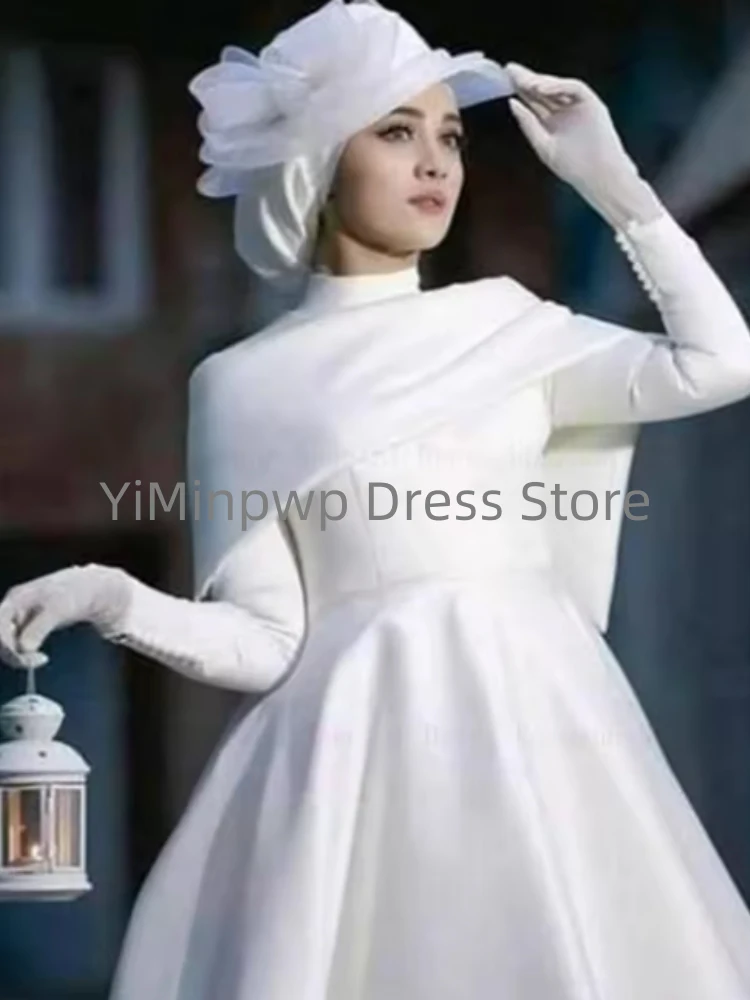 فساتين زفاف متواضعة كيب رقبة عالية كم طويل فستان عروس إسلامي مع زر فستان زفاف مخصص