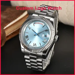 Ice Blue Custom Logo Watch Men 40mm Day&Date Miyota8285 Automatic Movement Calendar Week Display Stainless Steel WristWatches